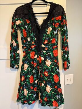 Anthropologie Black Dress with Red and Green Floral Print
